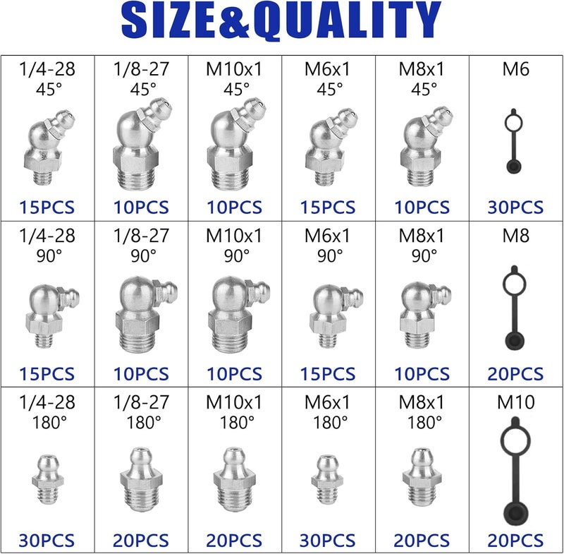 BUSY-CORNER 310PCS SAE & Metric Grease Nipple Assortment Kit, Hydraulic Grease Fittings Standard with Plastic Grease Fitting Caps - Image 2
